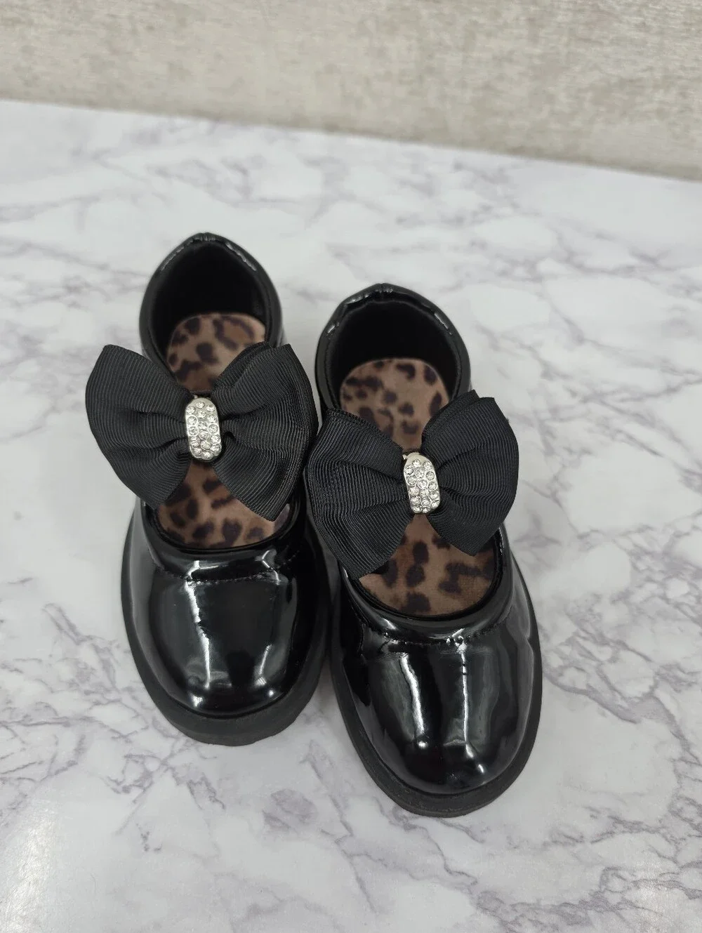 Girls Black Patent Bow Mary Jane Shoes Rhinestone Shoe Clips